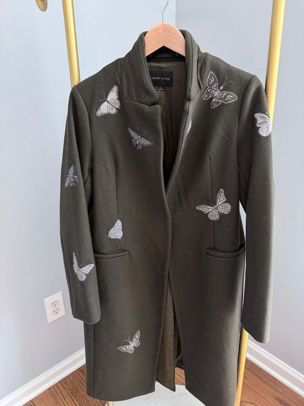 Third Layer Women's Olive Green Butterfly Embroidered Wool-Blend Long Coat